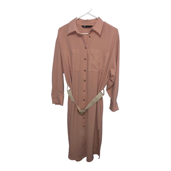 Zara Midi Oversized Belted Pink Shirtdress with Side Split | Size S - Picture 4 of 13